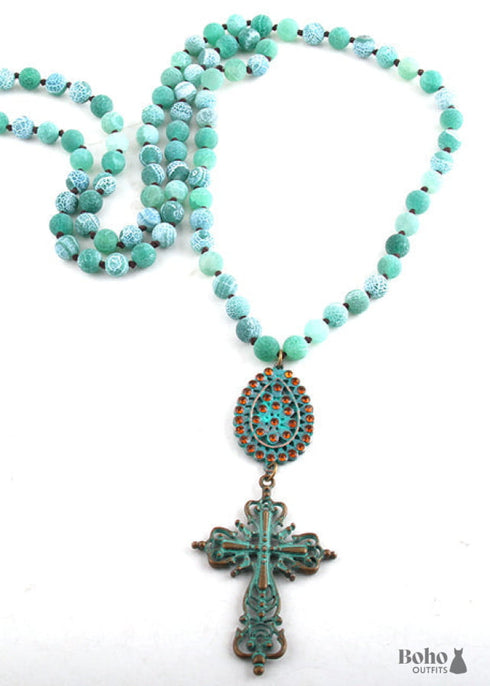 Boho Necklace, RH Precious Blue Lava Stone, Cross